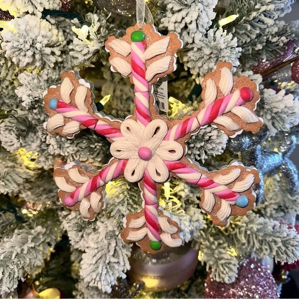 Raz Imports Claydough Pink Faux Candy Gingerbread Snowflake Ornament 8